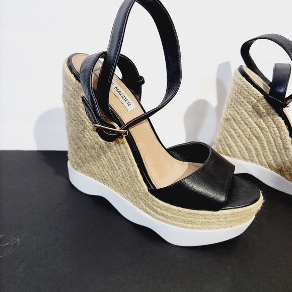 Steve  madden  black  espadrille  wedge platform leather sandals size 8 - Picture 9 of 10